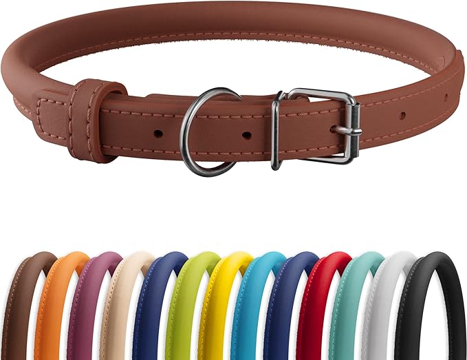 CollarDirect Rolled Leather Dog Collar, Soft Padded Round Puppy Collar, Handmade Genuine Leather Collar Dog Small Large Cat Collars 13 Colors (11-14 Inch, Cinnamon Smooth)