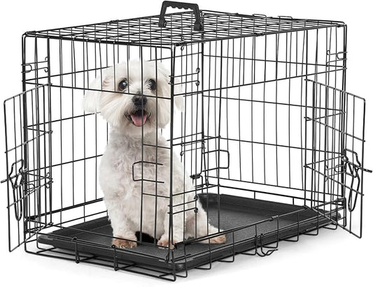 Sweetcrispy Small Dog Crate with Divider Panel,24 Inch Double Door Folding Metal Wire Dog Cage with Plastic Leak-Proof Pan Tray, Pet Kennel for Indoor, Outdoor, Travel