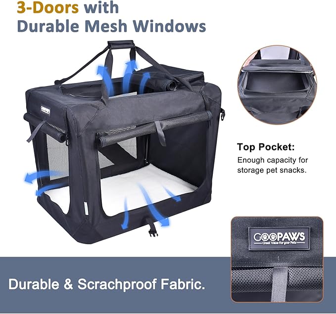 JESPET 36'' Soft Dog Crates Kennel for Pets, 3 Door Soft Sided Folding Travel Pet Carrier with Straps and Fleece Mat for Dogs, Cats, Rabbits, Grey Blue Beige & Black (36" L x 24" W x 27" H, Black)