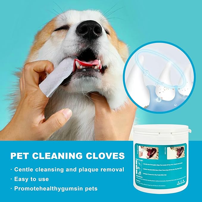 PET Teeth Cleaning Wipes for Dogs & Cats, No-Rinse Finger Toothbrush, Reduces Plaque & Freshens Breath Teeth Care Wipes,Disposable pet Cleaning and Gum Care Wipes, 50 Count