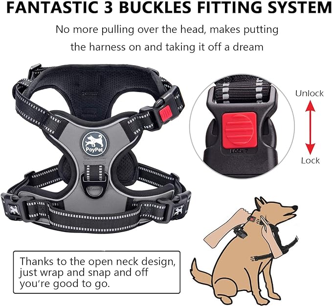 PoyPet No Pull Dog Harness, No Choke Front Clip Dog Reflective Harness, Adjustable Soft Padded Pet Vest with Easy Control Handle for Small to Large Dogs(Grey,L)