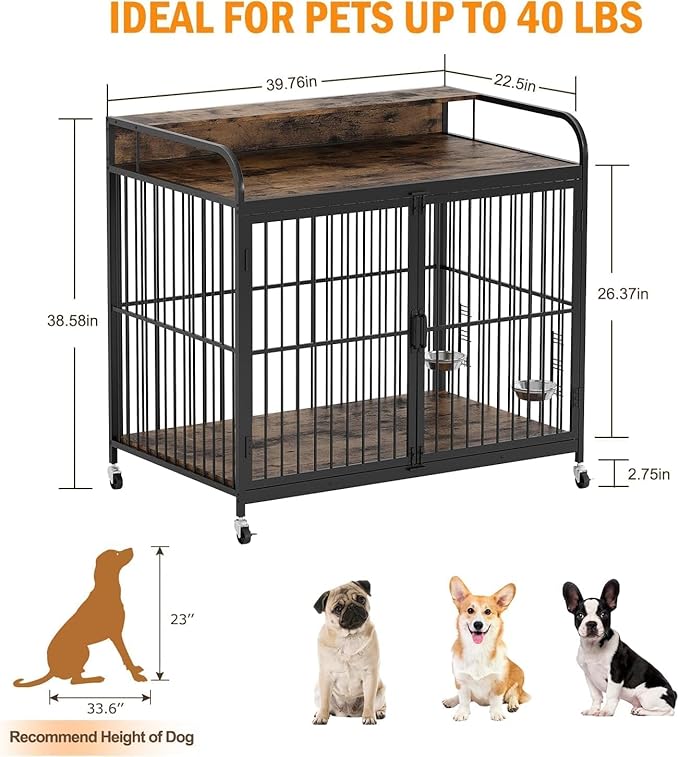 39.8 Inch Dog Crate Furniture, Dog Crate with Adjustable Height Feeder, Designed for Small Dogs, Featuring 360-Degree Swivel Wheels for Easy Movement, Rustic Brown Finish