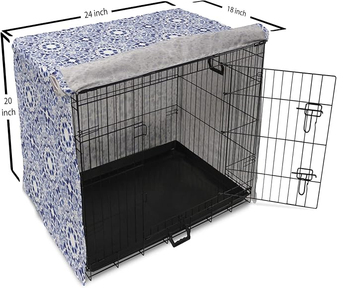 Lunarable Traditional Dog Crate Cover, Circular Flowers and Stripes Russian Gzhel Pattern Classic Motifs, Easy to Use Pet Kennel Cover for Cats & Medium Dogs, 24 Inch, Pale Blue