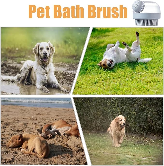 Dog Bath Brush Pet Shampoo Brush Silicone Puppy Brush Dog Shower Brush with Soap Dispenser Grooming Shower Brush (Grey)