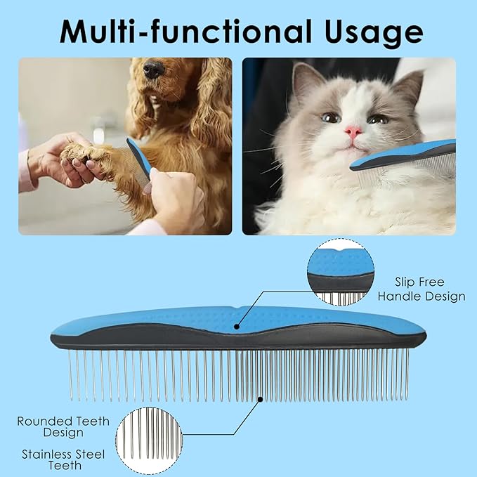 Pet Grooming Kit - Deshedding Brush with Metal Comb and Flea Comb for Detangling and Removing Matted Fur, Fleas on Cats and Dogs