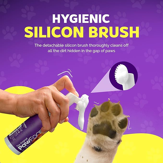 Pet Paw Cleaner for Dogs and Cats - PawFoam Pet Paw Cleaner Foam to Clean, Moisturize, Soften and Protect Paws | Gentle Dog Feet Cleaner with Silicone Dog Paw Washer Brush | 5FL OZ