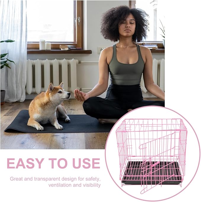 Housoutil Dog Crate Cage, Foldable Metal Wire Dog Crate, Newly Enhanced Single Door Dog Crate for Cat Rabbit and Small Animals, Pink