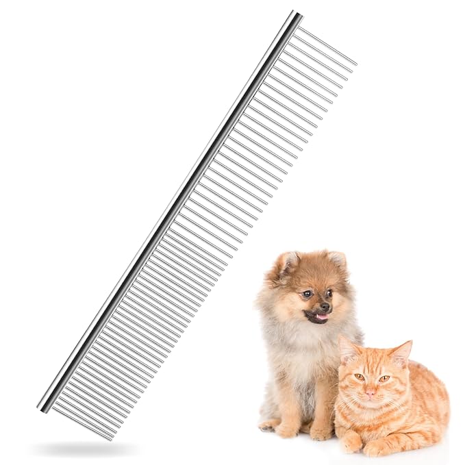 Stainless Steel Pet Grooming Comb with Rounded Ends, Metal Dog Combs for Grooming Matting Professional Dog Groomings Comb Detangler Deshedding Brush for Long Short Haired Dogs and Cats (7.4 Inches)