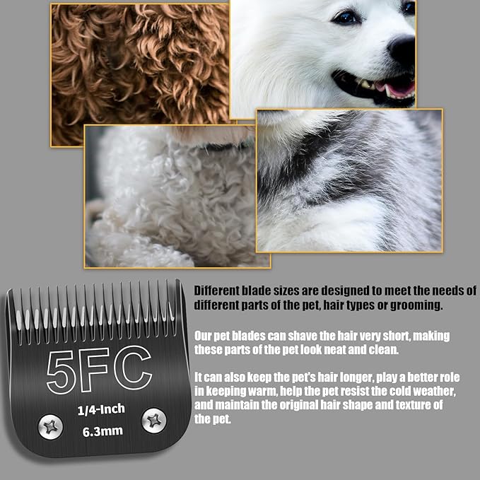 3 Pack 5FC Detachable Dog Grooming Steel Blades,Compatible with Andis,Oster A5,Wahl KM-10 Series,Cut Length 1/4" 6.3MM (Black)