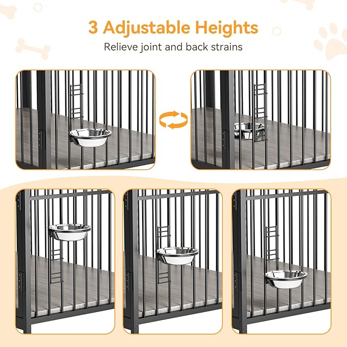 GAOMON Dog Crate Furniture, Dog Crate Indoor with Adjustable Height Bowls, Wooden Heavy Duty, 39.8 Inch Dog Kennel Furniture for Medium Dogs, 39.8" L X 22.5" W X 38.6" H,Grey