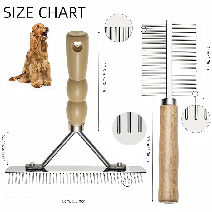 Undercoat Rake for Dogs, 3 Pack Pet Grooming Brush Set Long Tooth Rake Brush & Double-Sided Teech Comb & Stainless Steel Shedding Comb, Long Haired Pet Grooming Tool Set for Horse Large Dog Cat