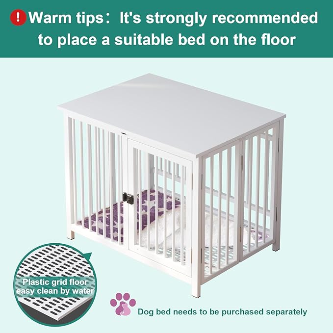 Heavy Duty Dog Crate Furniture, Fully Assembled exc. Locks, All Metal Frame & Wooden Tabletop, Modern Kennel for Small Dog, End Table, Sturdy, Foldable, White