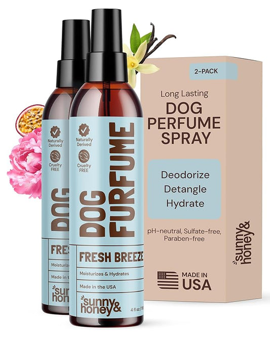 Sunny & Honey 4oz Dog Perfume Spray Long Lasting - Deodorizing, Detangling & Hydrating - Dog Cologne - pH Balanced - Spray Deodorizer Perfume (Fresh Breeze Scent, 2 pack)