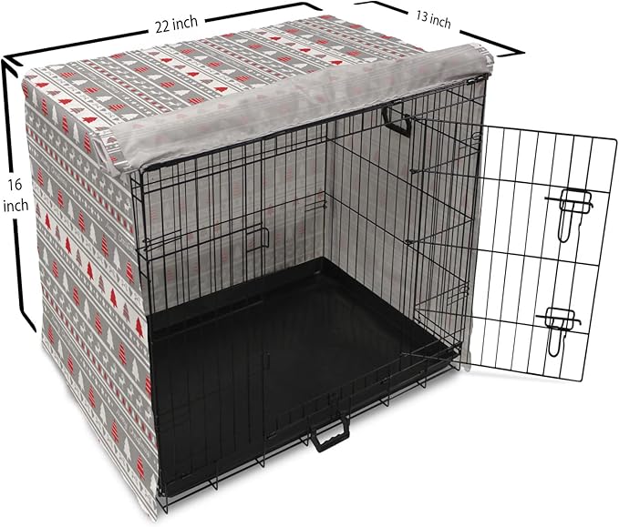 Ambesonne Christmas Dog Crate Cover, Xmas Border Deers Trees and Merry Christmas Lettering Bows Bells Image, Easy to Use Pet Kennel Cover for Small Dogs Puppies Kittens, 22 Inch, Grey White and Red