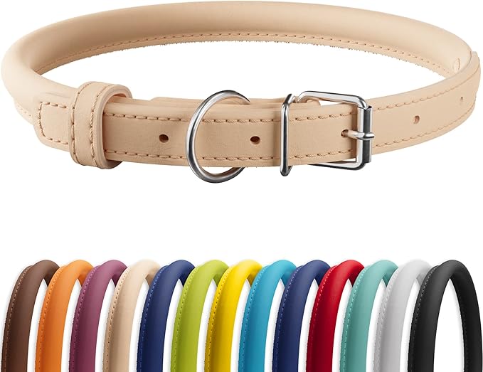 CollarDirect Rolled Leather Dog Collar, Soft Padded Round Puppy Collar, Handmade Genuine Leather Collar Dog Small Large Cat Collars 13 Colors (15-19 Inch, Beige Smooth)