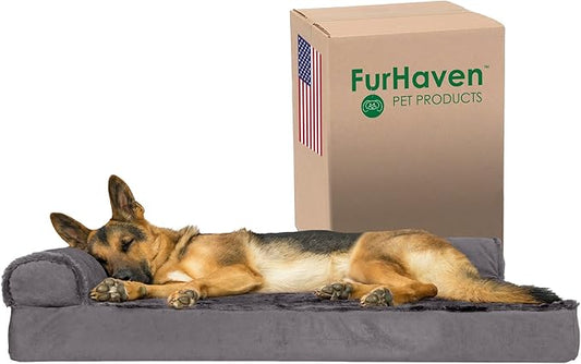 Furhaven Orthopedic Dog Bed for Large Dogs w/ Removable Bolsters & Washable Cover, For Dogs Up to 95 lbs - Plush & Velvet L Shaped Chaise - Platinum Gray, Jumbo/XL