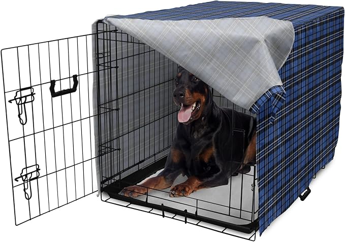 Lunarable Plaid Dog Crate Cover, Classical Old Fashioned Abstract Pattern Design Scottish Country Style, Easy to Use Pet Kennel Cover for Medium Large Dogs, 42 Inch, Violet Blue Black White