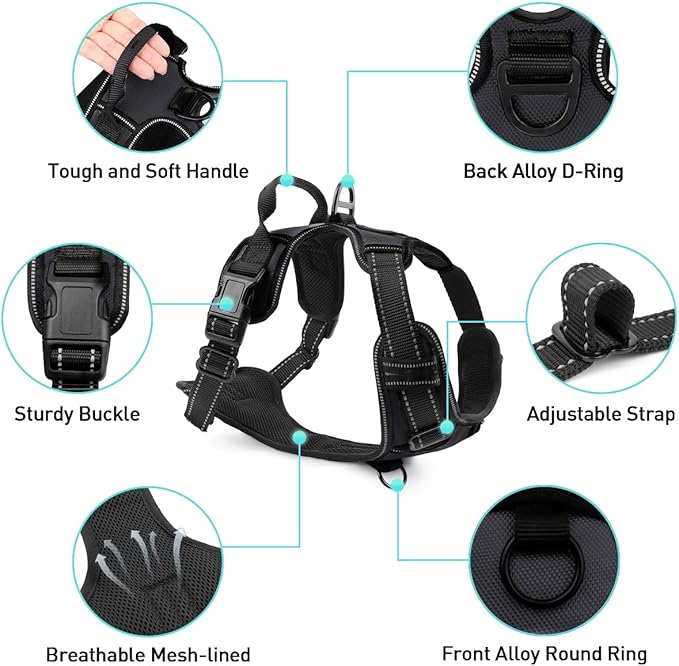 Joytale No Pull Dog Harness for Large Dogs, Reflective Pet Vest with Front Clip, Adjustable Soft Padded Harnesses with Easy Control Handle for Training and Walking, Black, L