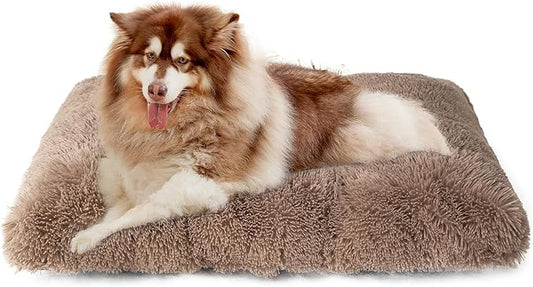 EHEYCIGA Fluffy XXL Dog Crate Pad, Plush Faux Fur Dog Bed for Extra Large Dogs, Calming Anti Anxiety XXL Dog Bed for Crate, Washable Soft Warm Dog Crate Mat with Non-Slip Bottom, Camel