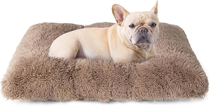 EHEYCIGA Fluffy Dog Crate Bed for Medium Dogs, Plush Faux Fur Dog Crate Pad, Calming Anti Anxiety Medium Dog Bed for Crate, Washable Soft Warm Dog Crate Mat with Non-Slip Bottom, Camel