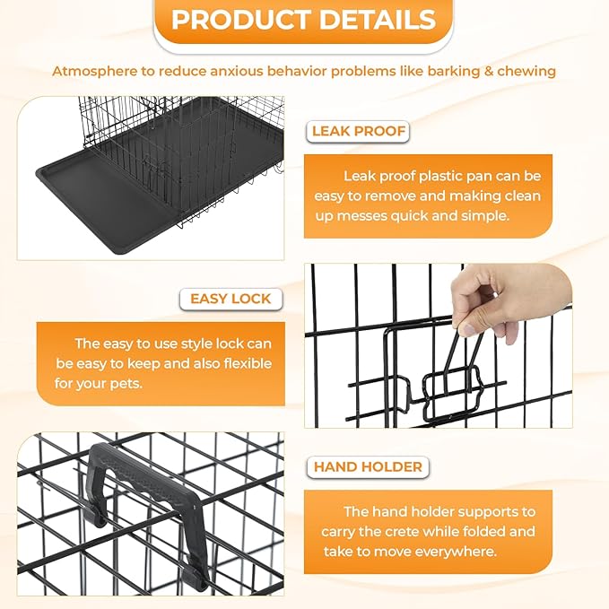 PayLessHere Large Dog Crate Kennel for Medium Large Dogs Metal Dog Cage Double-Door Folding Travel Indoor Outdoor Puppy Playpen with Divider and Handle Plastic Tray (48 Inch, Black)