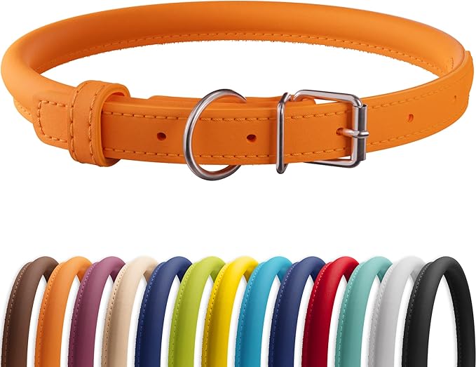 CollarDirect Rolled Leather Dog Collar, Soft Padded Round Puppy Collar, Handmade Genuine Leather Collar Dog Small Large Cat Collars 13 Colors (6-7 Inch, Orange Smooth)