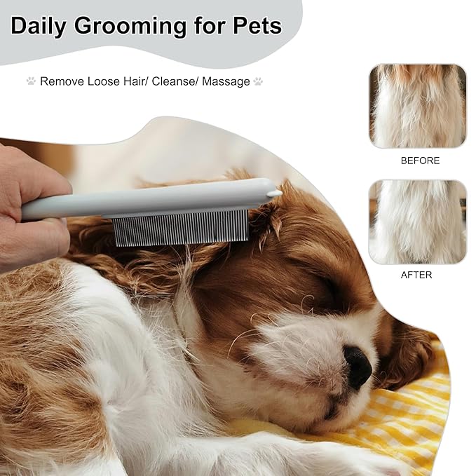 Cute Plastic Dog Comb with Stainless Steel Bristles and Furry Ears Design - Pet Grooming Tool for Removing Dirt and Tangles (Grey)