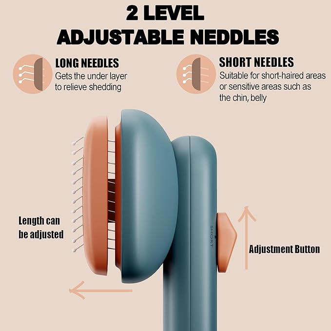 Deshedding Brush for Dogs and Cats - Adjustable 2-Level Bristles, Skin-friendly Design With Release Button for Long and Short Hair