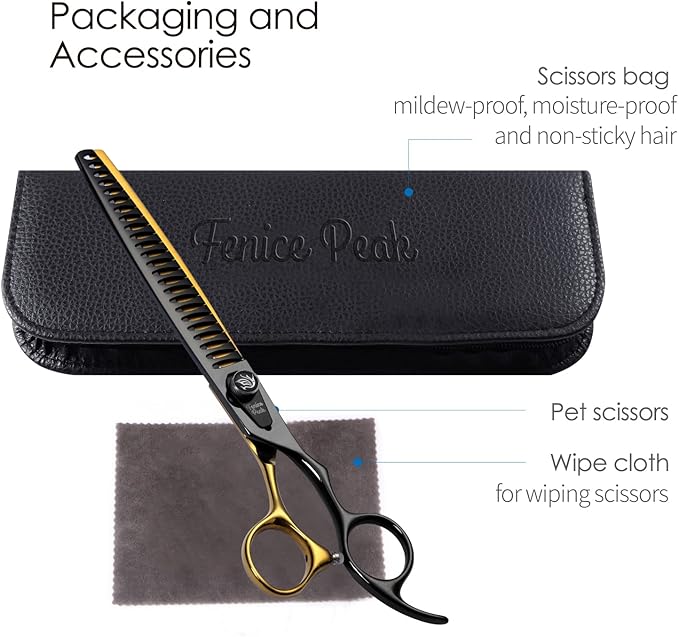 Fenice Peak 8'' Black Dog Grooming Scissors Goldern Chunker Dog Blending Scissors with Ergonomic Offest Handle and Pattern Screw Pet Grooming Thinner Blender Shears Durable and Sharp 440C