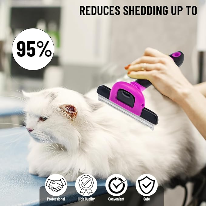Deshedding and Grooming Tool - Stainless Steel Knot Detangler Comb for Dogs & Cats, Reduces Shedding by 95% (Pink)