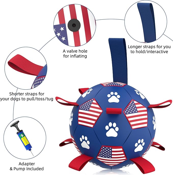 QDAN Dog Toys Soccer Ball with Straps - Durable Dog Balls for Small Medium Dogs, Beach Pool Dog Water Toy, Dog Tug Toys for Tug of War, Puppy Dog Birthday Gifts (6 Inch)