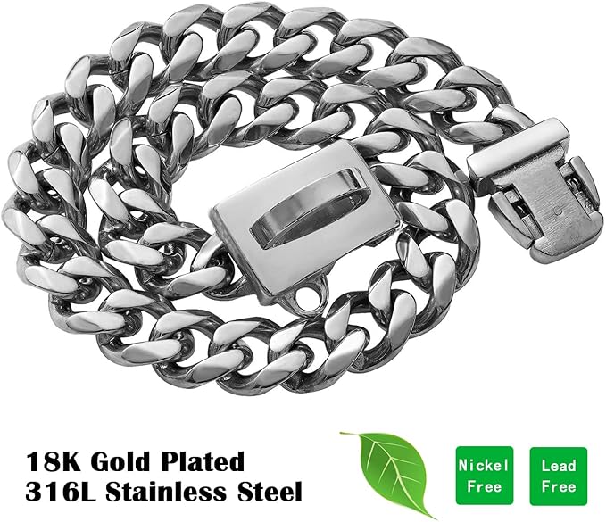 Strong Stainless Steel Silver Cuban Link Chain Dog Collar,Pet Necklace Walking Collar for Large Dogs(Length - 24'')
