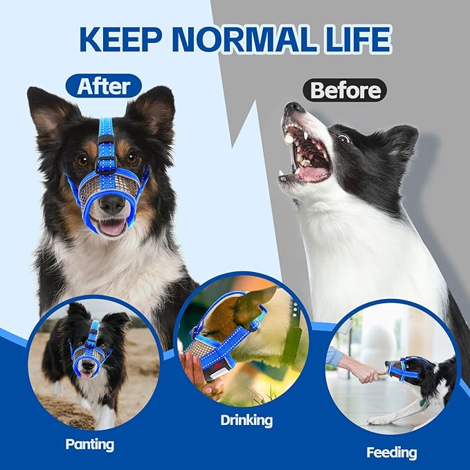 Dog Muzzle,Soft Mesh Breathable Muzzle, Air Mesh Dog Muzzle with Reflective & Adjustable Strap for for Biting Chewing Grooming,Allow Panting Drinking,Dog Muzzle for Medium (Blue, L)