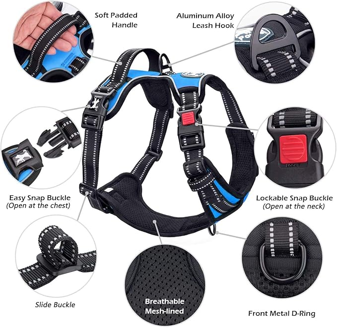 PoyPet No Pull Dog Harness, No Choke Front Lead Dog Reflective Harness, Adjustable Soft Padded Pet Vest with Easy Control Handle for Small to Large Dogs(Blue,XS)