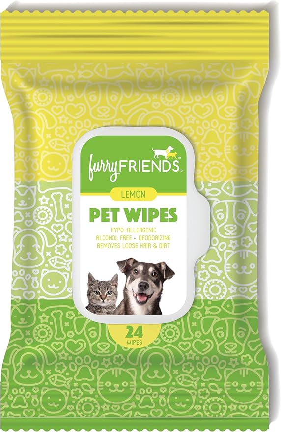 FurryFriends Pet Wipes | Lemon Scented | Hypo-allergenic | Alcohol Free| Deodorizing | Removes Loose Hair & Dirt | Incredibly Clean | 4 Pack