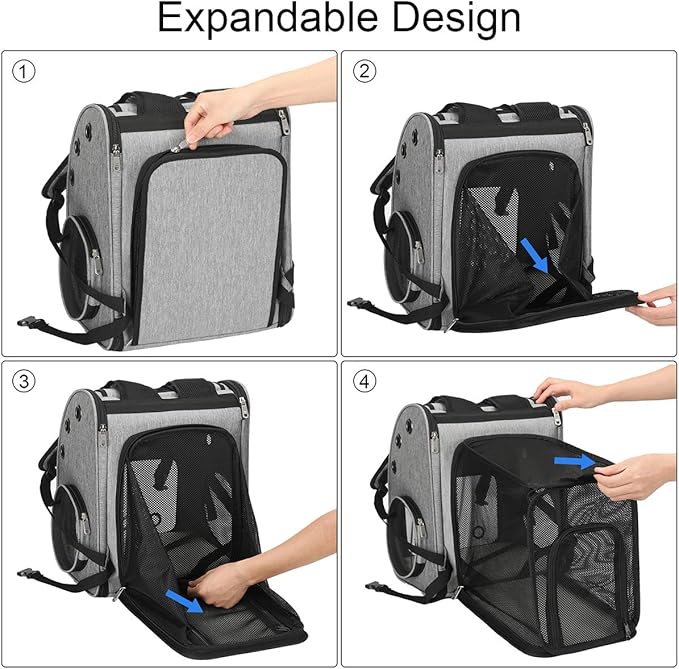 Expandable Pet Carrier Backpack for Cats, Dogs and Small Animals, Portable Pet Travel Carrier, Super Ventilated Design, Airline Approved, Ideal for Traveling/Hiking/Camping, Grey, XL