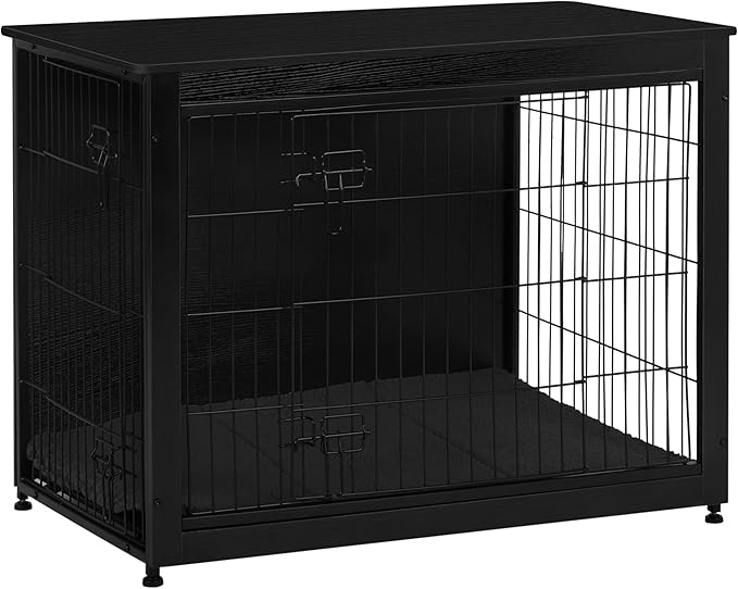 DWANTON Dog Crate Furniture with Cushion, Wooden Kennel Table with Double Doors, Indoor Dog House, Large Size, 38.5" L, Black
