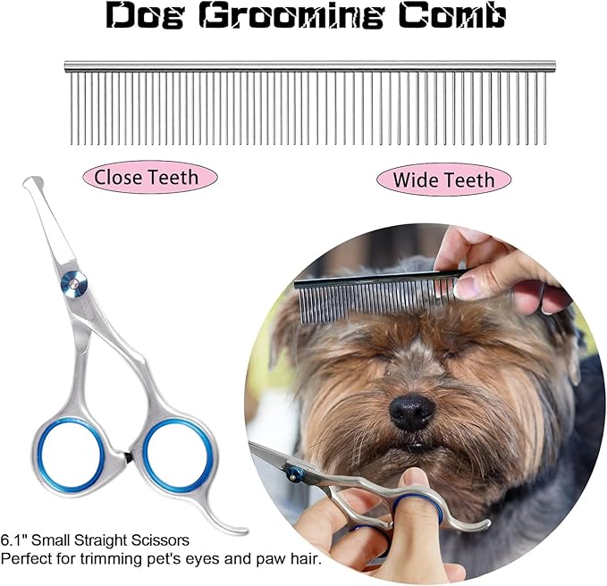 Dog Scissors - 6 in 1 Pet Grooming Set, Curved Tips, Blue