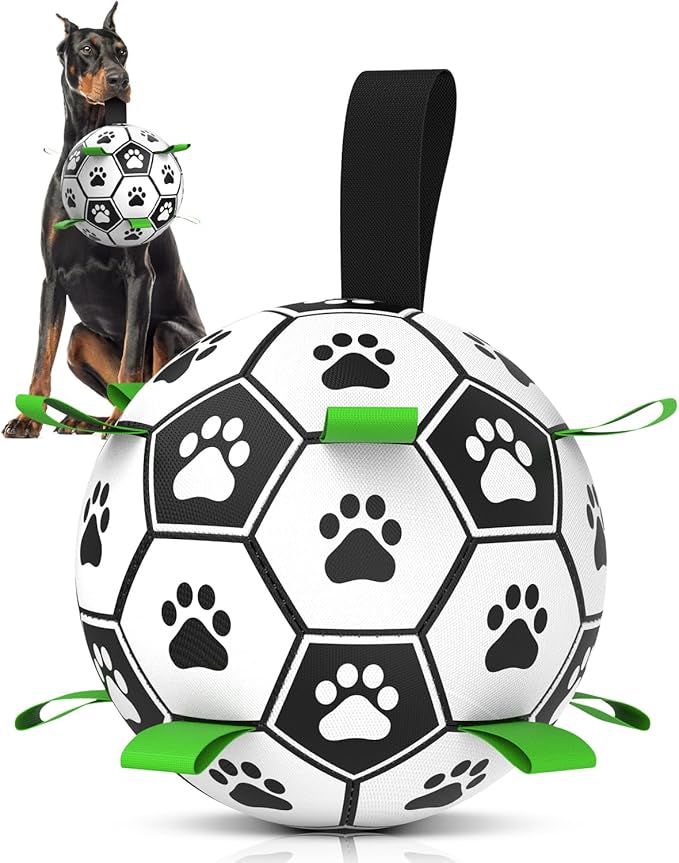 QDAN Dog Toys Soccer Ball with Straps - Durable Dog Balls for Giant Extra Large Dogs, Outdoor Dog Toys, Dog Water Toy, Herding Ball, Dog Birthday Gifts (10 Inch)