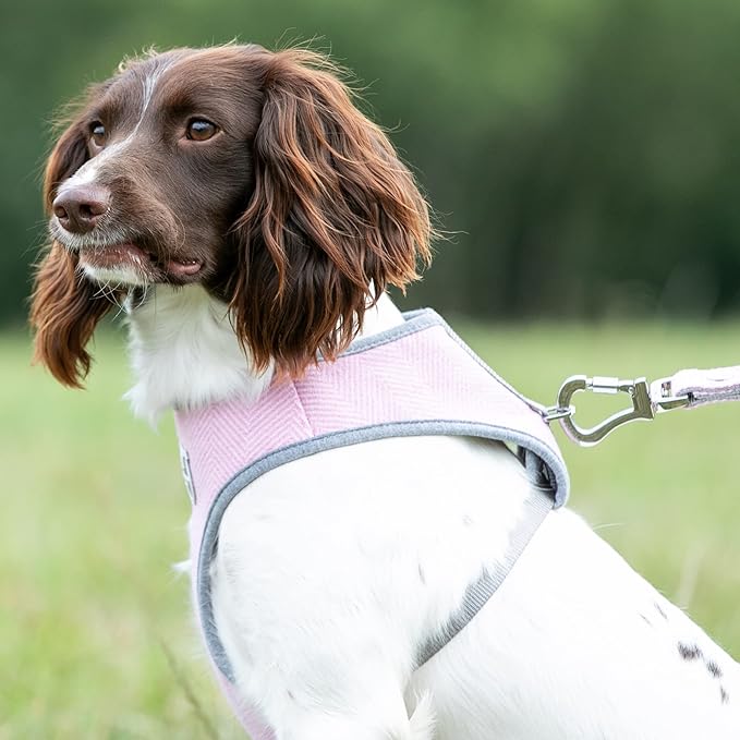 HUGO & HUDSON Dog Harness, No-Pull Anti Choke Tweed Harness Vest, Pink Herringbone, L