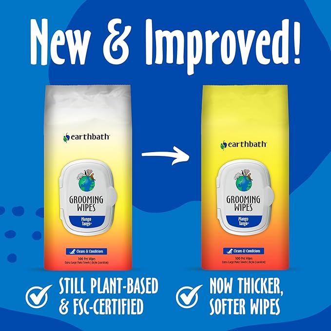 earthbath, Mango Tango Grooming Wipes - Dog Wipes for Paws and Butt, Best Pet Wipes for Dogs & Cats, Made in USA, Cruelty-Free Dog Cleaning Wipes, Removes Dirt & Dander - 100 Count (1 Pack)
