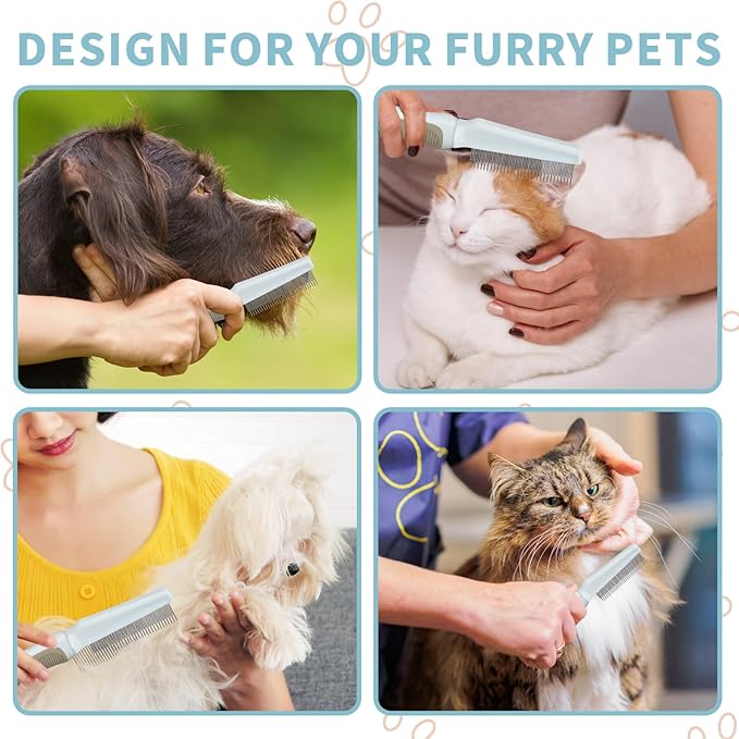 Ropo Pet Grooming Comb for Dogs and Cats, Flea Comb, Long Handled Pet Comb 2 in 1 Long and Short Stainless Steel Metal Teeth for Tangle and Knot Removal - Detangling Brush