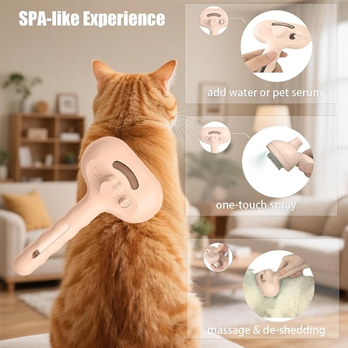 3 - in - 1 Pet Steam Brush for Cats & Dogs - Suitable for All Hair Types! One - Click Spray; Comfortable Massage; Superior Deshedding & Skin Care; Quiet Operation at ≤36dB (Pink)