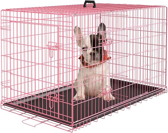 PayLessHere Large Dog Crate Kennel for Medium Large Dogs 24 inches Metal Dog Cage Double-Door Folding Travel Indoor Outdoor Puppy Playpen with Divider and Handle Plastic Tray,Pink