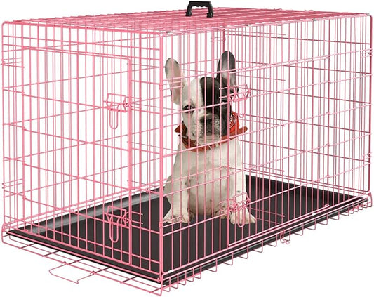 PayLessHere Large Dog Crate Kennel for Medium Large Dogs 24 inches Metal Dog Cage Double-Door Folding Travel Indoor Outdoor Puppy Playpen with Divider and Handle Plastic Tray,Pink