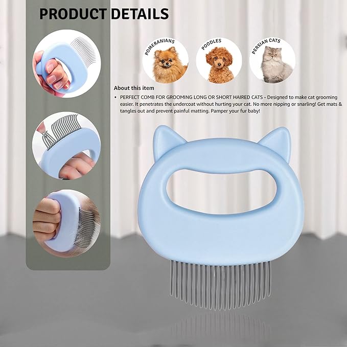 SKYPIA Dog & Cat Combs For Home Grooming Massage Kit – 2-IN-1 Detangler Brush with Massaging Shell Comb For Long & Curly Hair, Removes Knots, Mats and Tangles Pet Hair Remover Soft Dematting and Deshedding For Dog Puppy Rabbit (Blue, 2 Pcs)