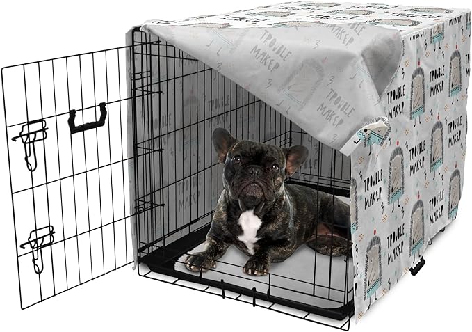 Lunarable Cartoon Dog Crate Cover, Hedgehog Trouble Maker Lettering with Apple and Stars Bad Boy Print, Easy to Use Pet Kennel Cover for Cats & Medium Dogs, 24 Inch, Pearl Pale Blue