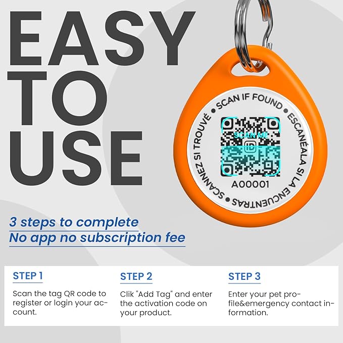 Dog Tags Personalized, QR Code Pet ID Tags for Dog Collar, Online Profile, Scan Location Alerts, Orange