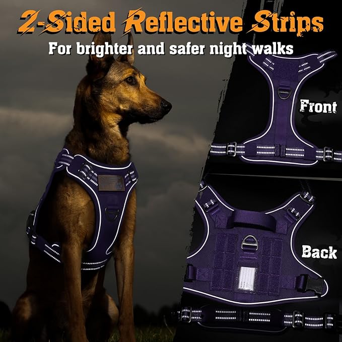 rabbitgoo Dog Harness for Large Dogs No Pull, Tactical Service Dog Vest with Molle and Control Handle, Adjustable and Reflective Military Pet Harness for Easy Walking and Training, Purple, L
