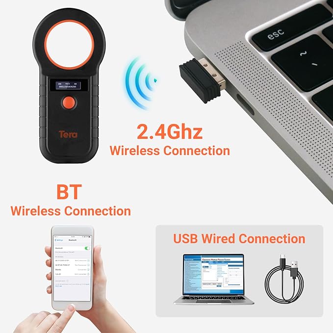 Tera Portable Pet Microchip Scanner - Works with Bluetooth 2.4G Wireless Wired USB Animal Tag Reader with OLED Display Screen Rechargeable Data Storage EMID FDX-B(ISO11784/85) for Pet W90D